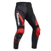 Men’s Kawasaki Racing Leather Motorcycle Pants Black Red Leather Pants with Knee Armor