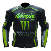 Men’s Kawasaki Black Racing Leather Motorcycle Jacket with CE Armor