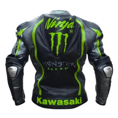 Men’s Kawasaki Black Racing Leather Motorcycle Jacket with CE Armor