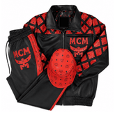 MCM Inspired Black Red Leather Tracksuit Set with Hat