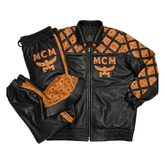 MCM Inspired Black Brown Leather Tracksuit Set with Hat
