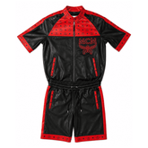 MCM Inspired Black Red Leather Jacket Shorts Set with Hat