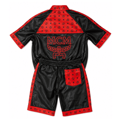 MCM Inspired Black Red Leather Jacket Shorts Set with Hat