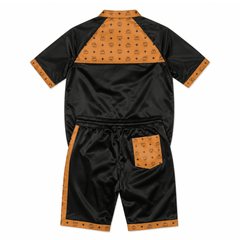 MCM Inspired Black Cognac Leather Jacket Shorts Set with Hat