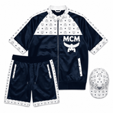 MCM Inspired Blue White Leather Jacket Shorts Set with Hat