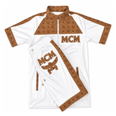 MCM Inspired White Brown Leather Jacket Shorts Set with Hat