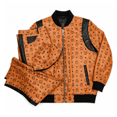 MCM Inspired Black Cognac Real Leather Tracksuit Set with Hat