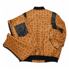 MCM Inspired Black Cognac Real Leather Tracksuit Set with Hat