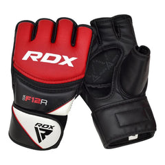 RDX F12R MMA Grappling Gloves – Red/Black | Maya Hide™ Leather | PC-3™ Shock-Diffusing Padding | Open Palm Design | Training & Sparring MMA Gloves for Striking & Grappling