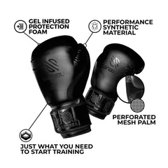 Sanabul Essential Gel Boxing Gloves – All Black | Gel-Infused Impact Protection | Engineered Leather | Ventilated Mesh Palm | Boxing, Kickboxing, MMA & Heavy Bag Training Gloves