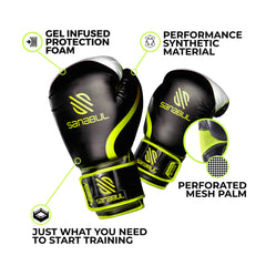 Sanabul Essential Gel Boxing Gloves – Black/Neon Green | Gel-Infused Impact Protection | Engineered Leather | Ventilated Mesh Palm | Boxing, Kickboxing, MMA & Heavy Bag Training Gloves