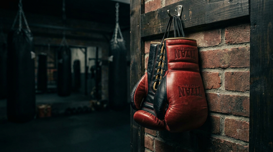 Premium leather boxing gloves hanging in a gym — boxing gloves size guide by Knockiva