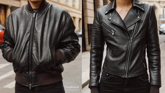 Side by side comparison of a black leather bomber jacket and a black leather biker jacket