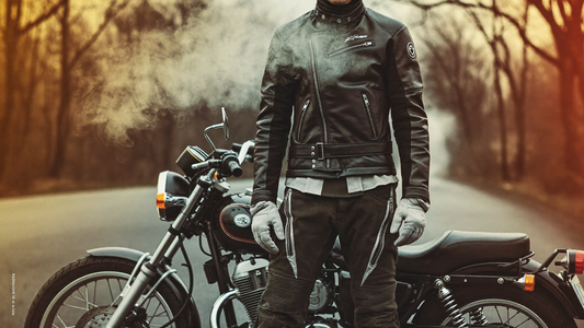 Motorcyclist in layered cold-weather riding gear standing beside a motorcycle on an overcast day
