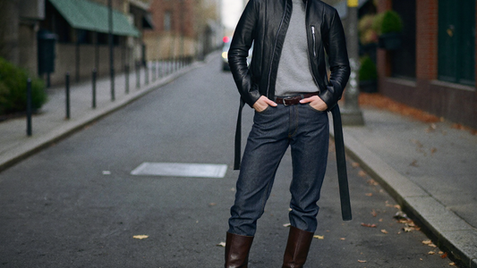 Person styling a black leather jacket with a sweater, jeans, and boots