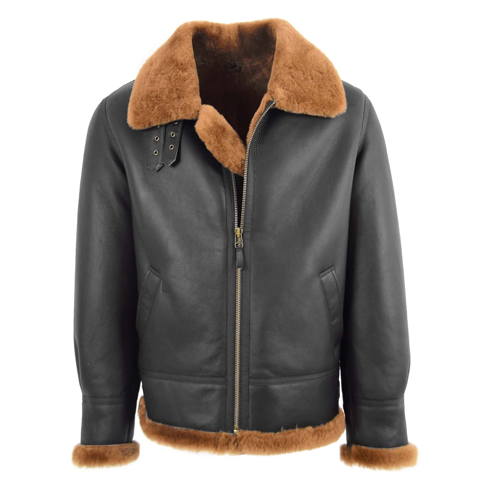 Men's Black B3 Leather Bomber Jacket with Ginger Shearling Collar