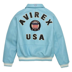 Avirex Light Blue Leather Bomber Flight Jacket – Top Quality