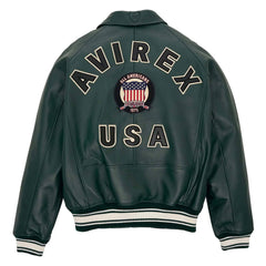 Avirex Dark Green Leather Bomber Jacket – Iconic Aviator Style