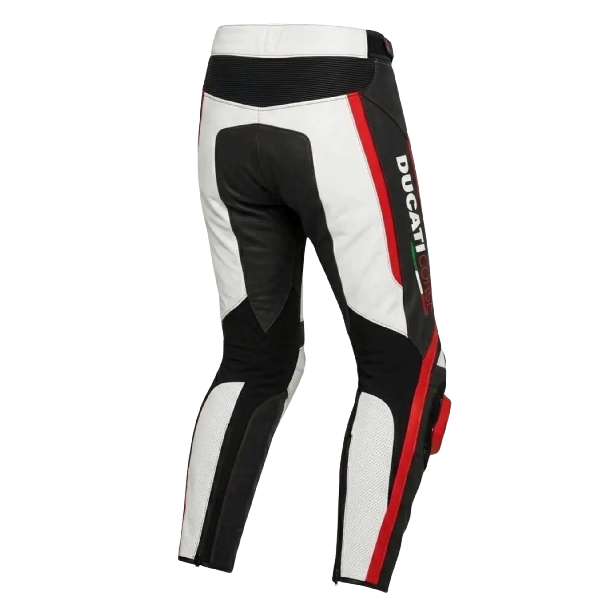 Ducati Style White Red Leather Motorcycle Pants with CE Armor