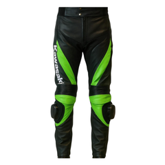Men’s Kawasaki Black Lime Green Racing Leather Motorcycle Pants with Knee Armor