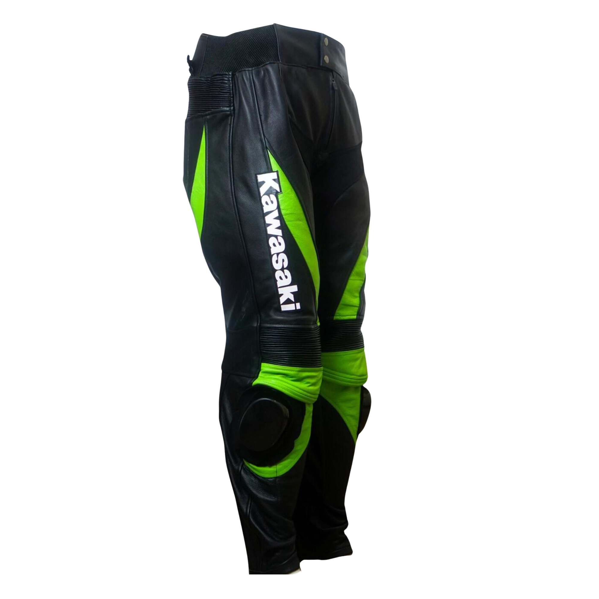 Men’s Kawasaki Black Lime Green Racing Leather Motorcycle Pants with Knee Armor