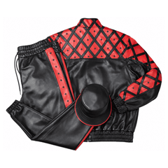 MCM Inspired Black Red Leather Tracksuit Set with Hat
