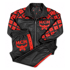 MCM Inspired Black Red Leather Tracksuit Set with Hat