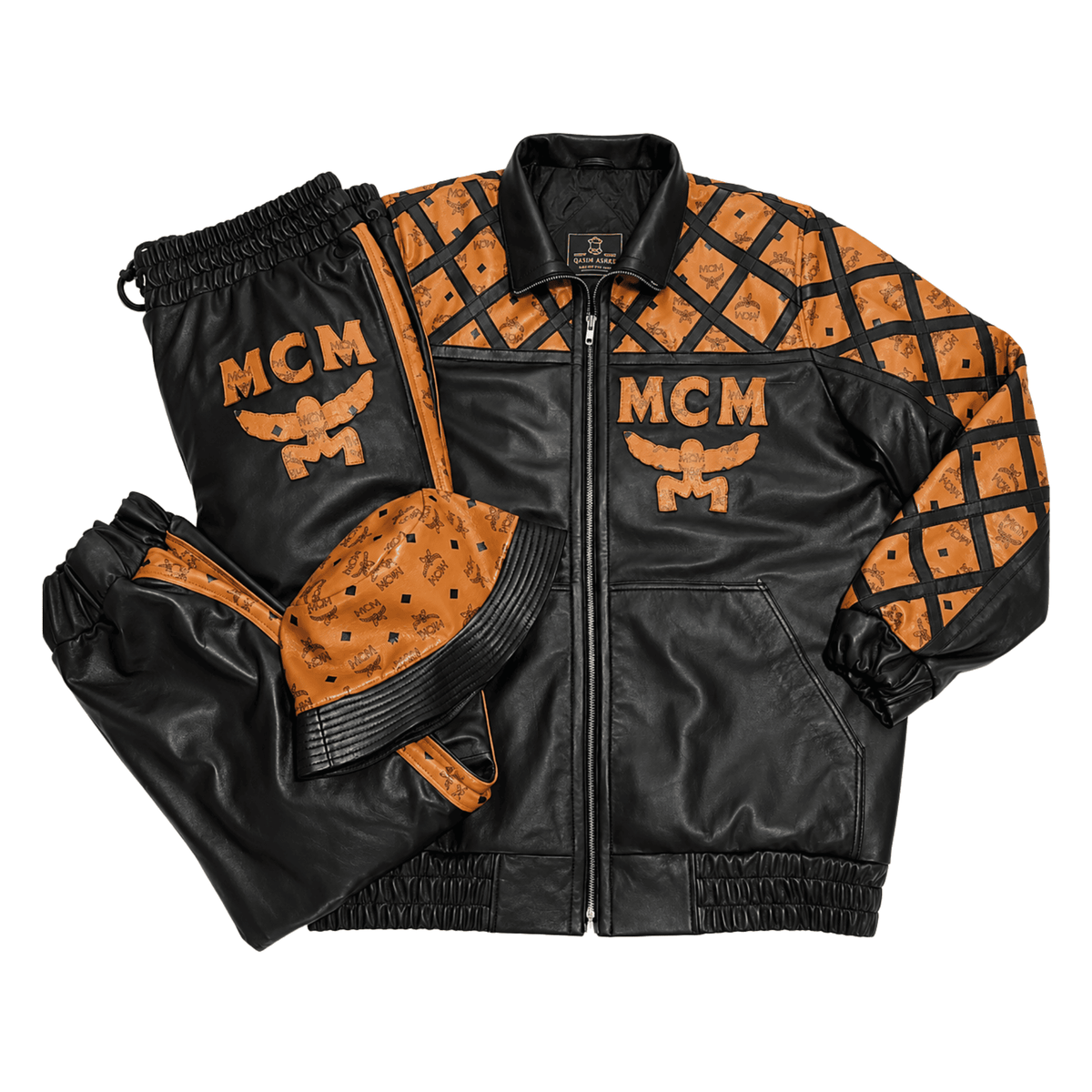 MCM Inspired Black Brown Leather Tracksuit Set with Hat