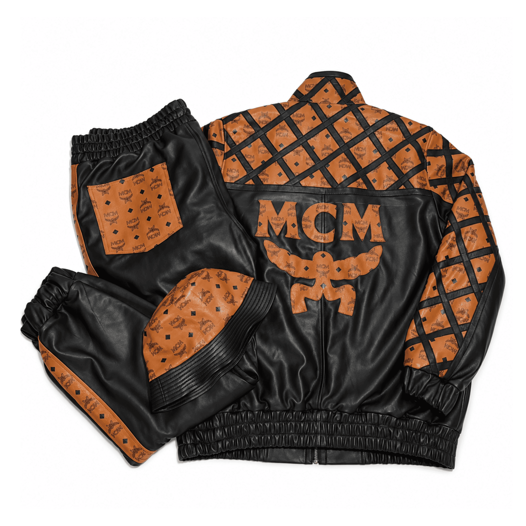 MCM Inspired Black Brown Leather Tracksuit Set with Hat