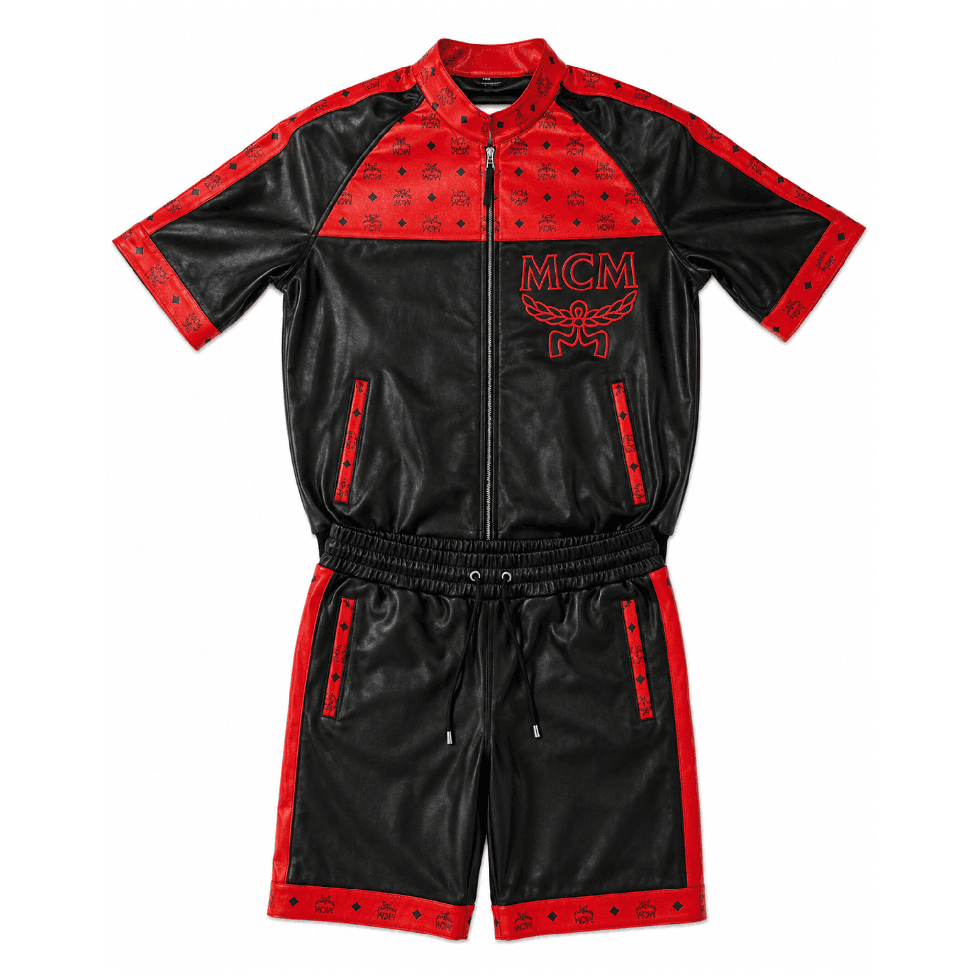 MCM Inspired Black Red Leather Jacket Shorts Set with Hat