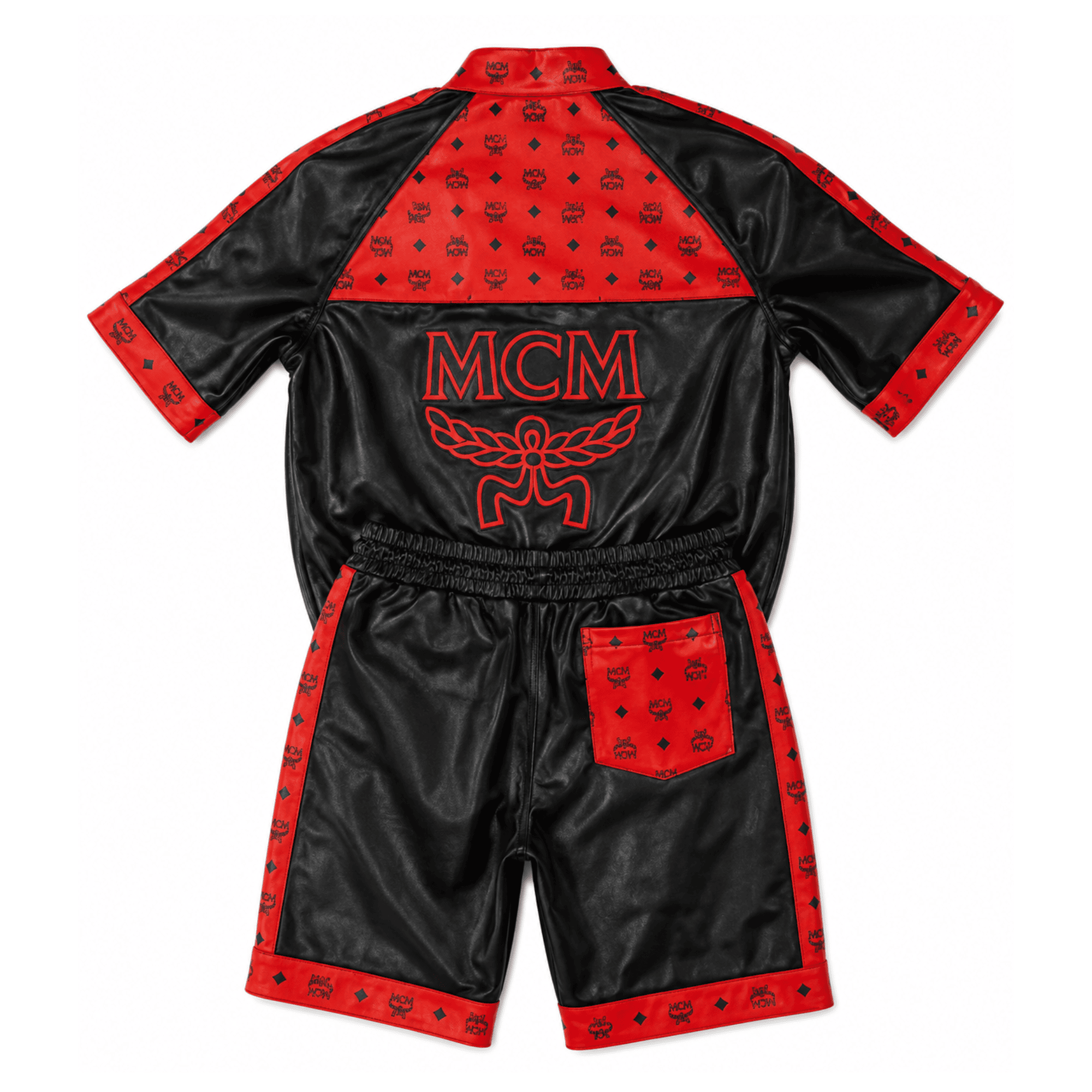 MCM Inspired Black Red Leather Jacket Shorts Set with Hat