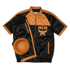 MCM Inspired Black Cognac Leather Jacket Shorts Set with Hat