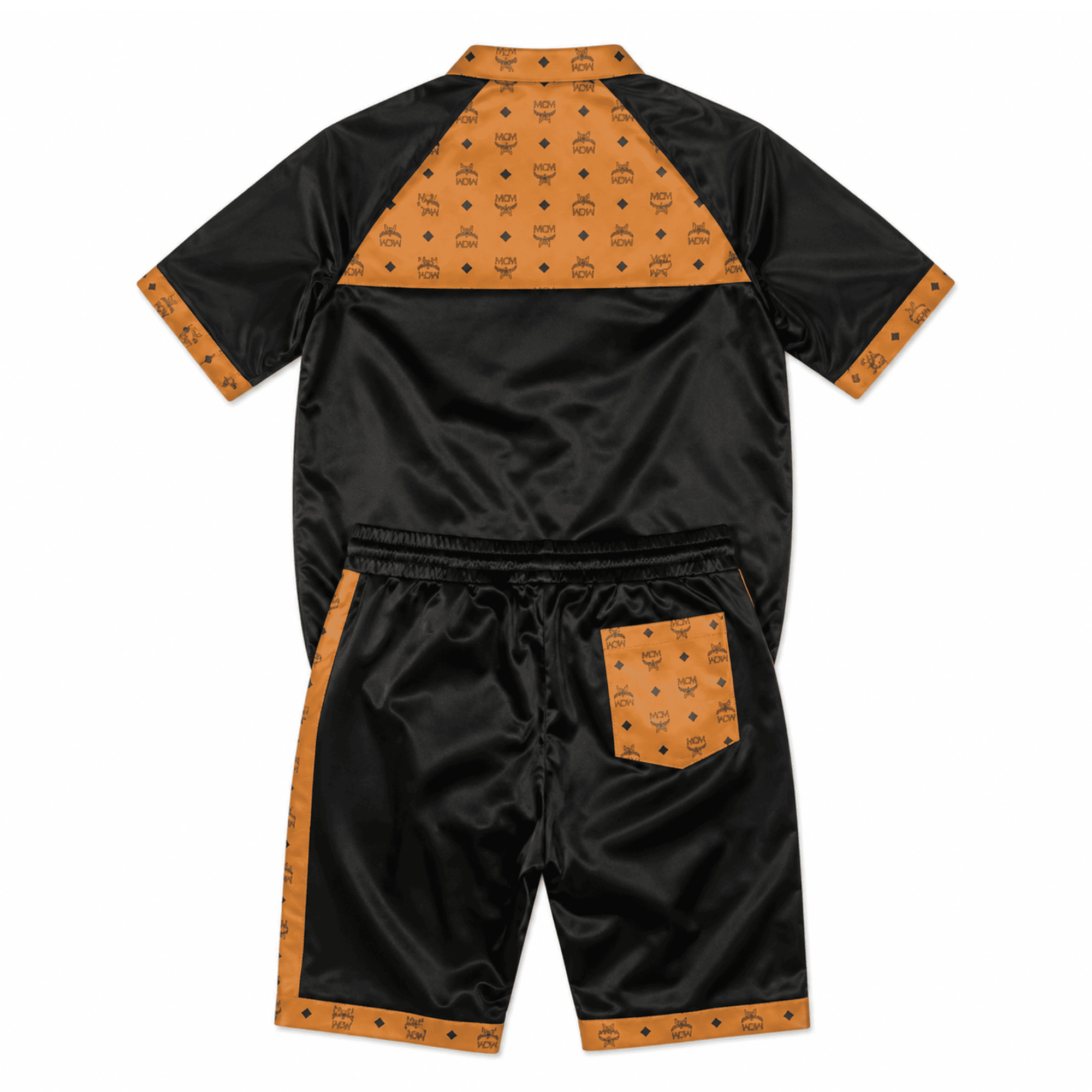 MCM Inspired Black Cognac Leather Jacket Shorts Set with Hat