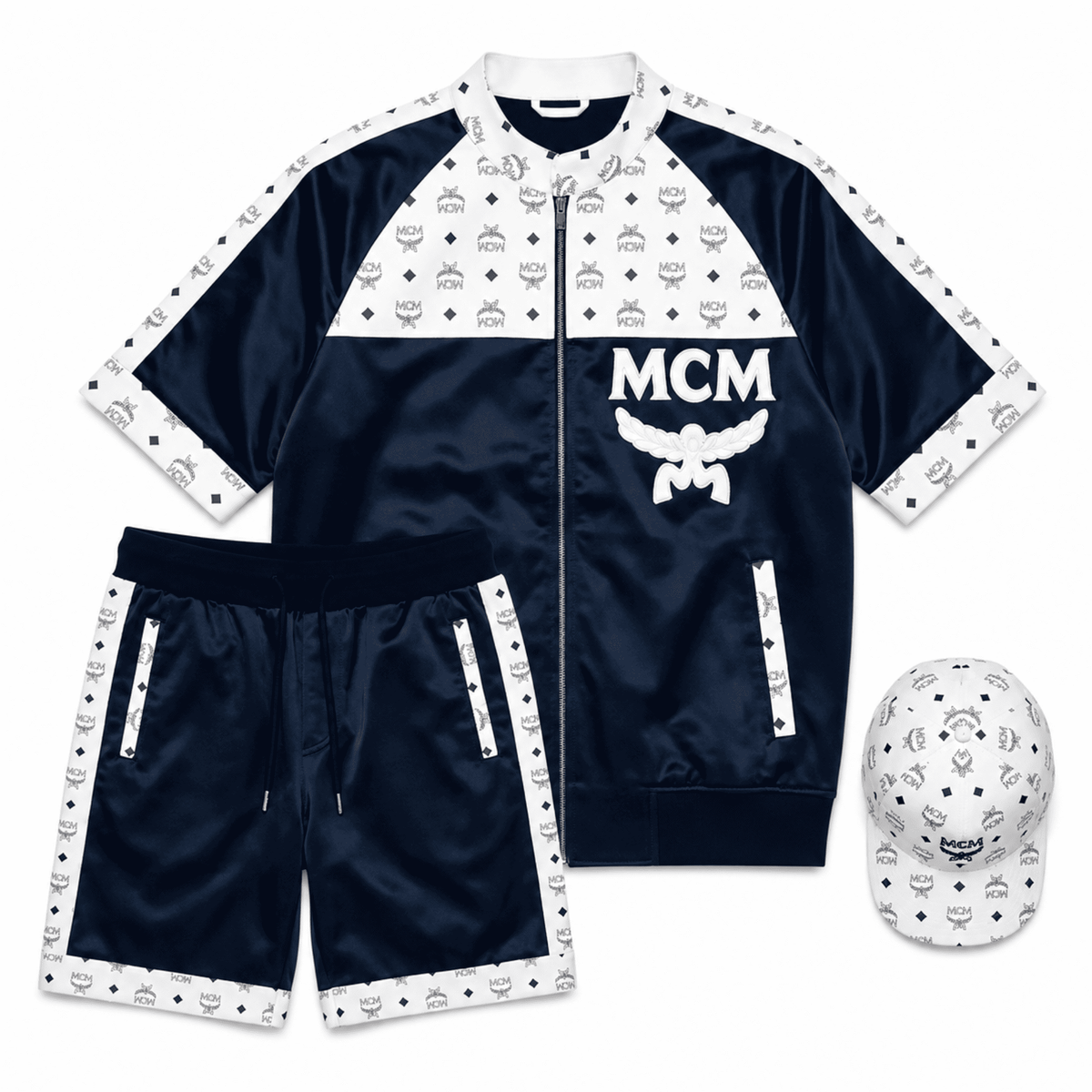 MCM Inspired Blue White Leather Jacket Shorts Set with Hat