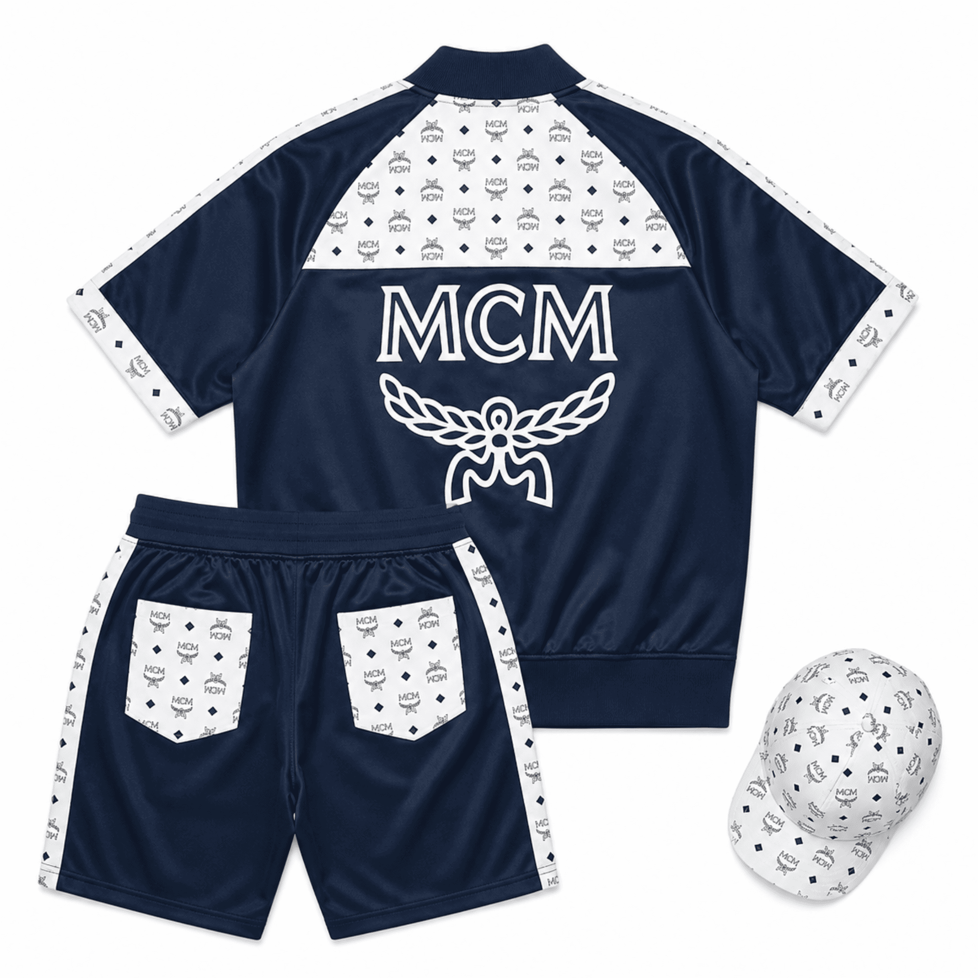 MCM Inspired Blue White Leather Jacket Shorts Set with Hat