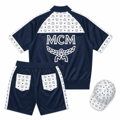 MCM Inspired Blue White Leather Jacket Shorts Set with Hat