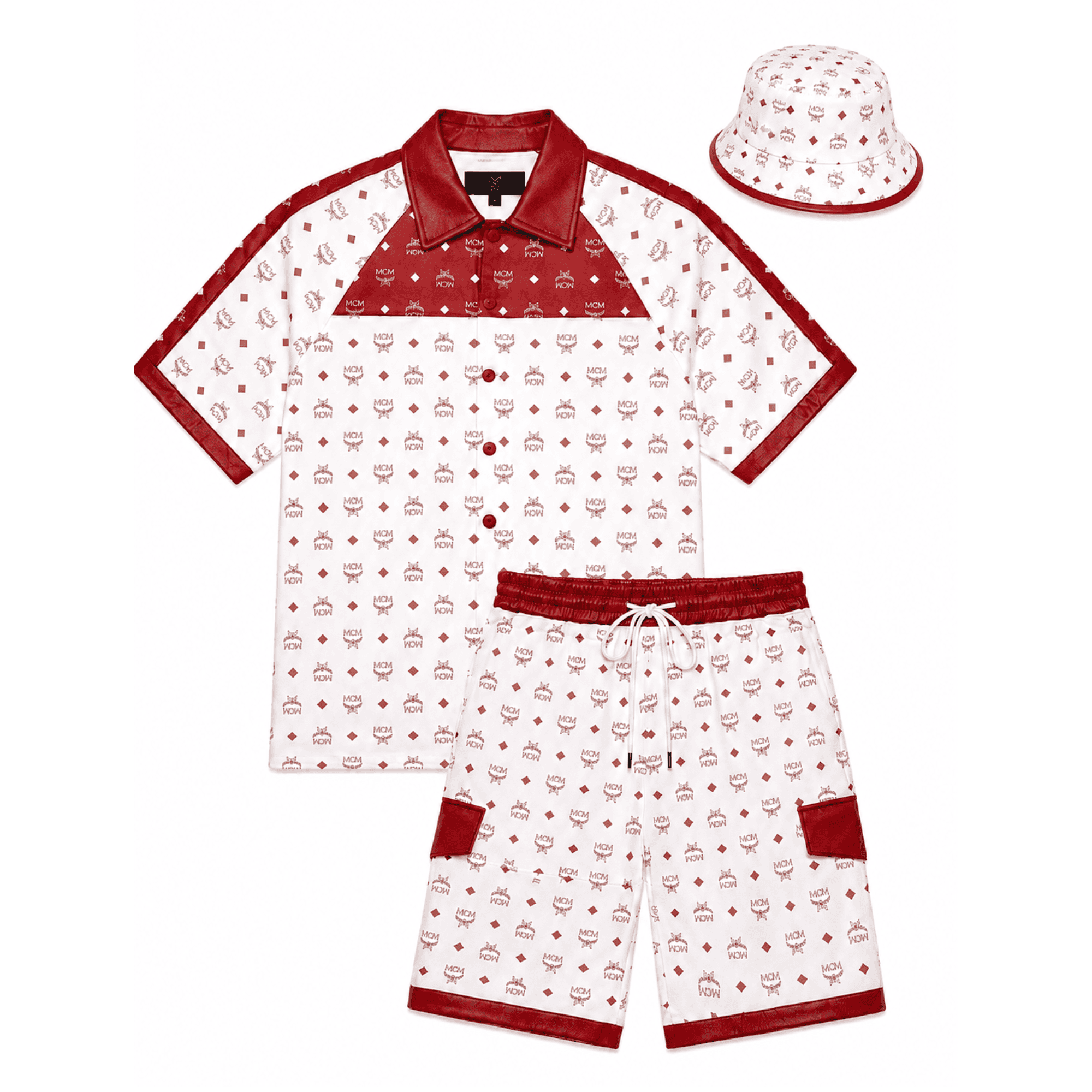 MCM Inspired Men’s Red White Monogram Leather T-Shirt Shorts Set with Hat