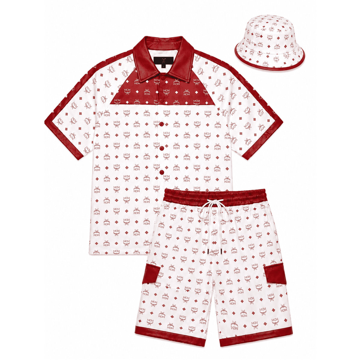 MCM Inspired Men’s Red White Monogram Leather T-Shirt Shorts Set with Hat