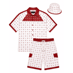 MCM Inspired Men’s Red White Monogram Leather T-Shirt Shorts Set with Hat