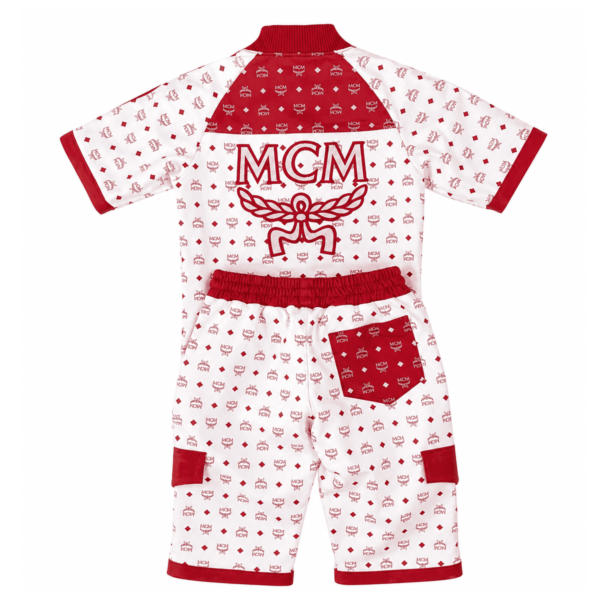 MCM Inspired Men’s Red White Monogram Leather T-Shirt Shorts Set with Hat