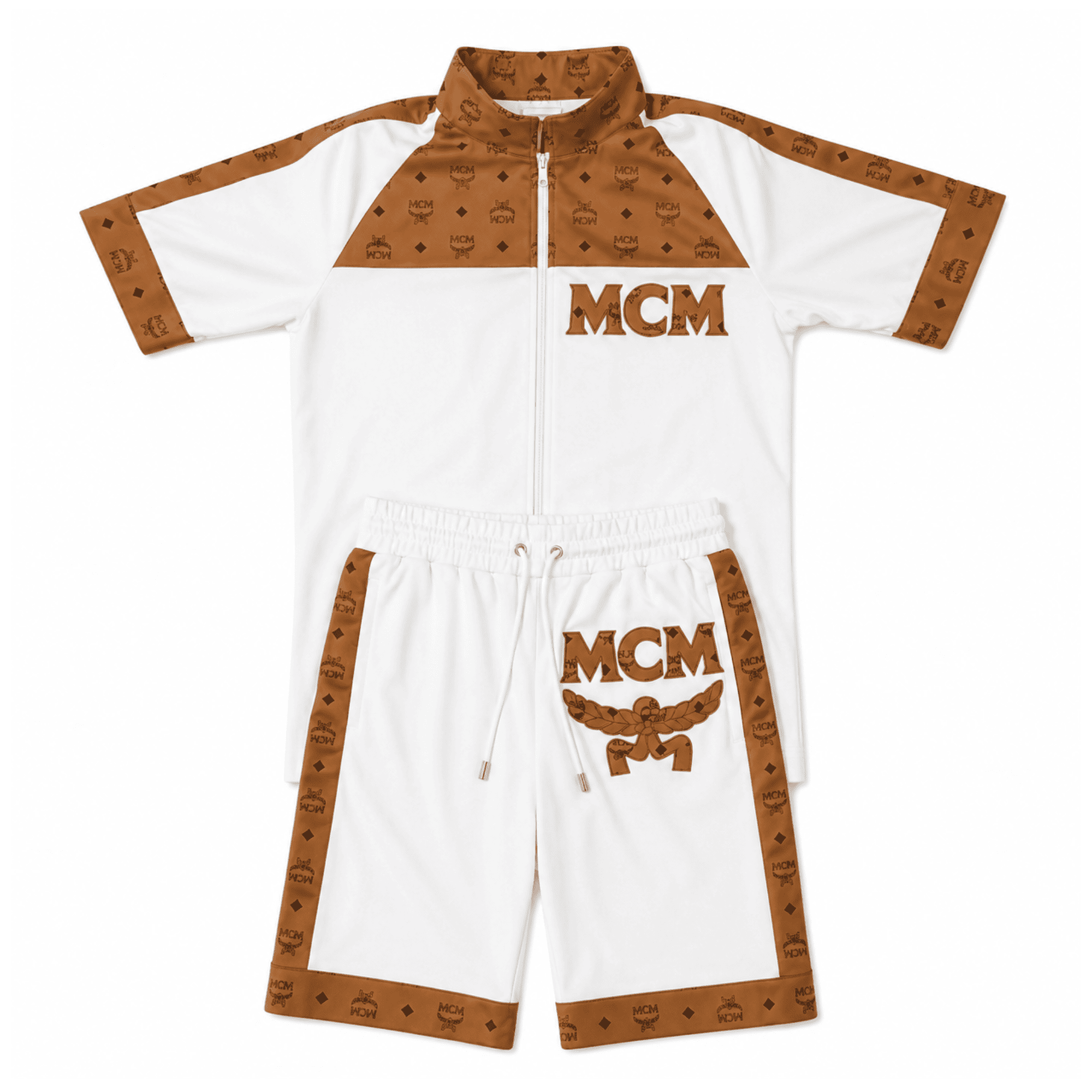MCM Inspired White Brown Leather Jacket Shorts Set with Hat