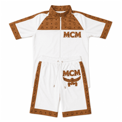 MCM Inspired White Brown Leather Jacket Shorts Set with Hat