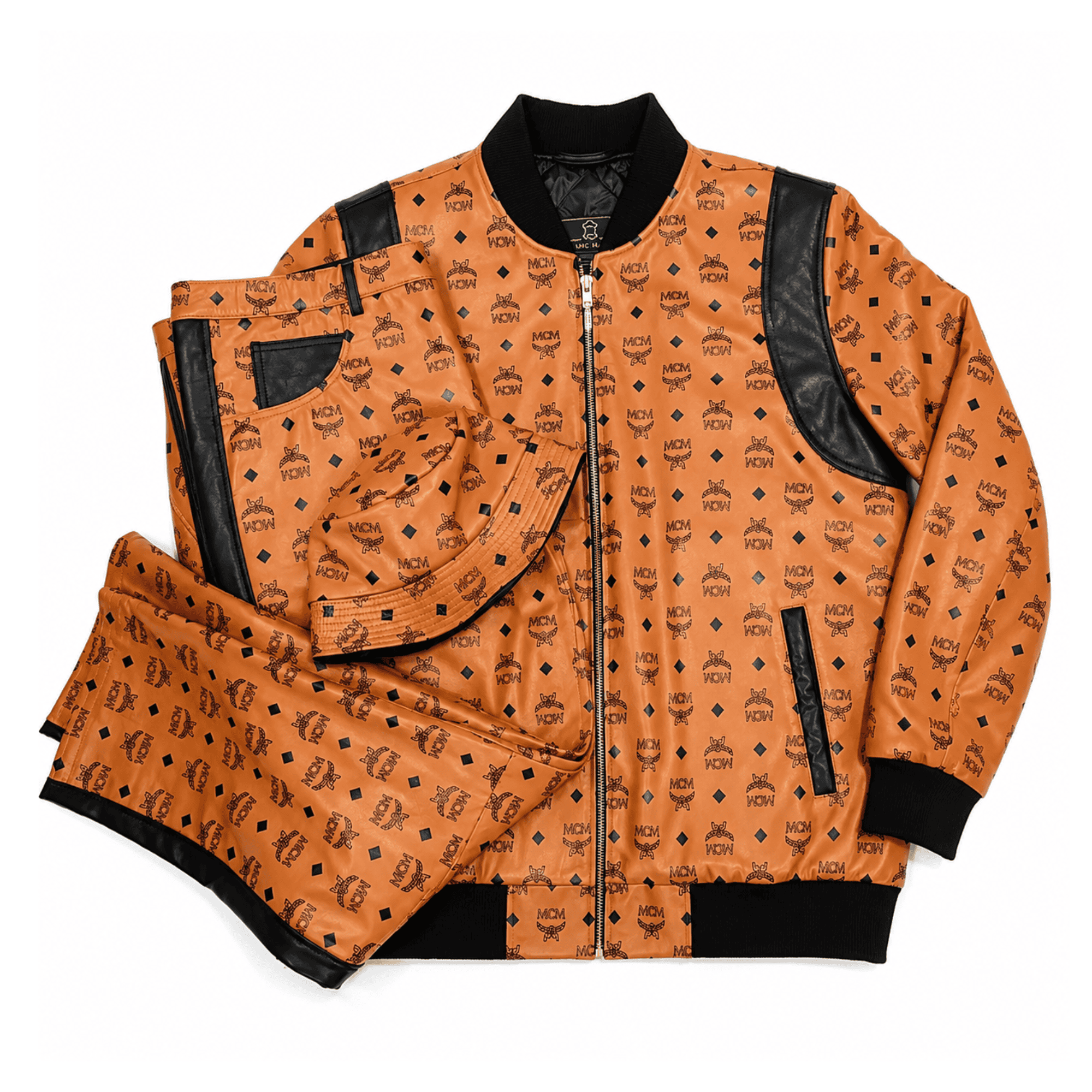 MCM Inspired Black Cognac Real Leather Tracksuit Set with Hat
