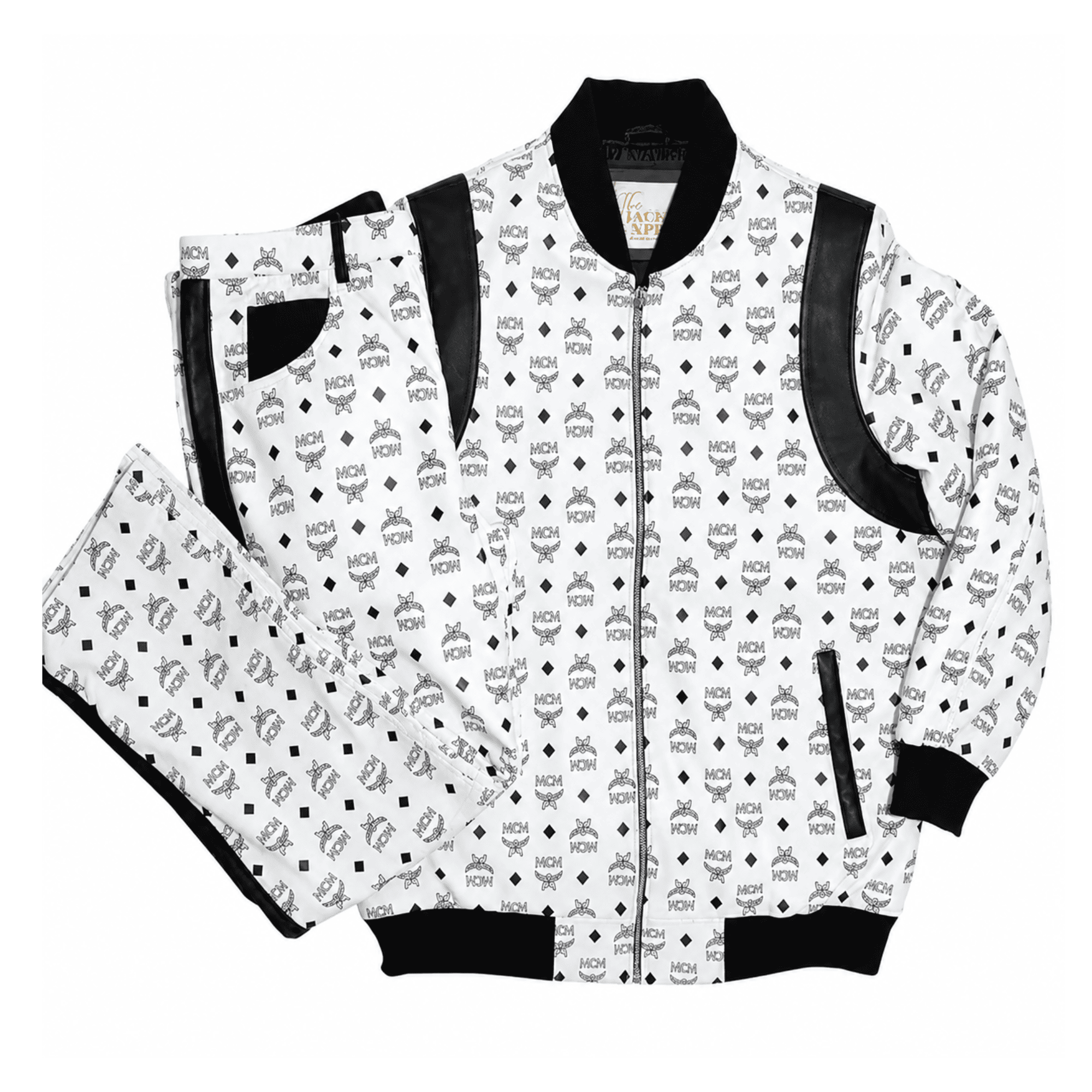 MCM Inspired Black White Real Leather Tracksuit Set with Hat