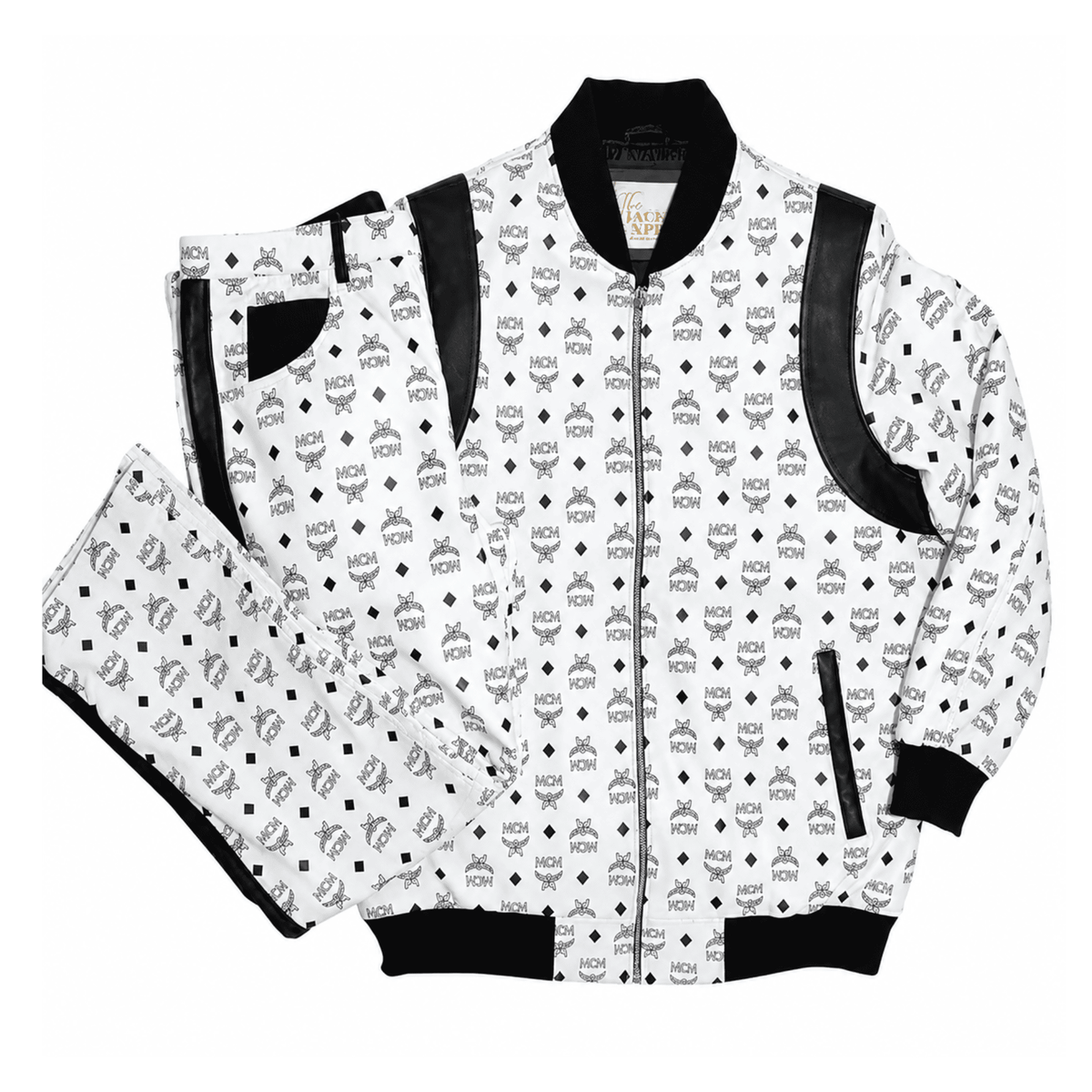 MCM Inspired Black White Real Leather Tracksuit Set with Hat