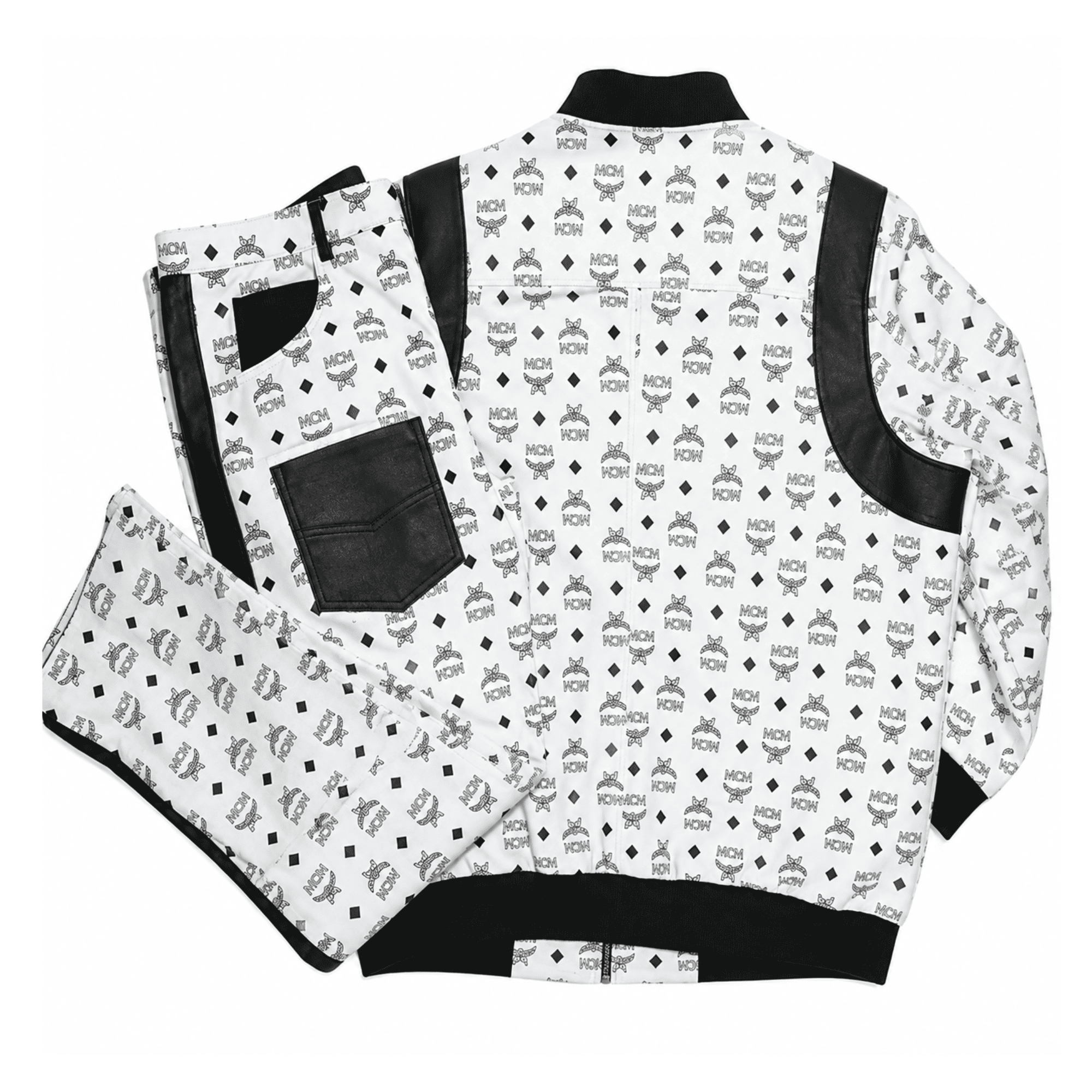 MCM Inspired Black White Real Leather Tracksuit Set with Hat