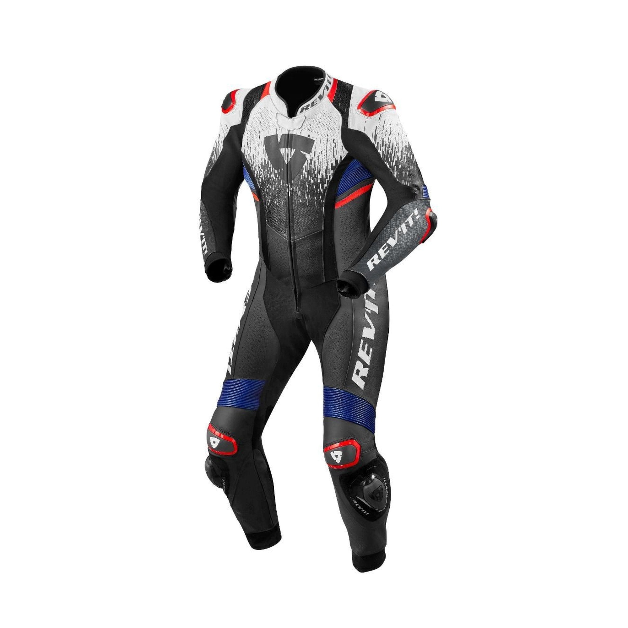 REV'IT! Control One-Piece Leather Race Suit – Black/White/Blue | Airbag Ready | Monaco Cowhide | BETAC Armor | PWR Shell Panels | CE AAA Certified MotoGP-Derived Racing Suit for Men