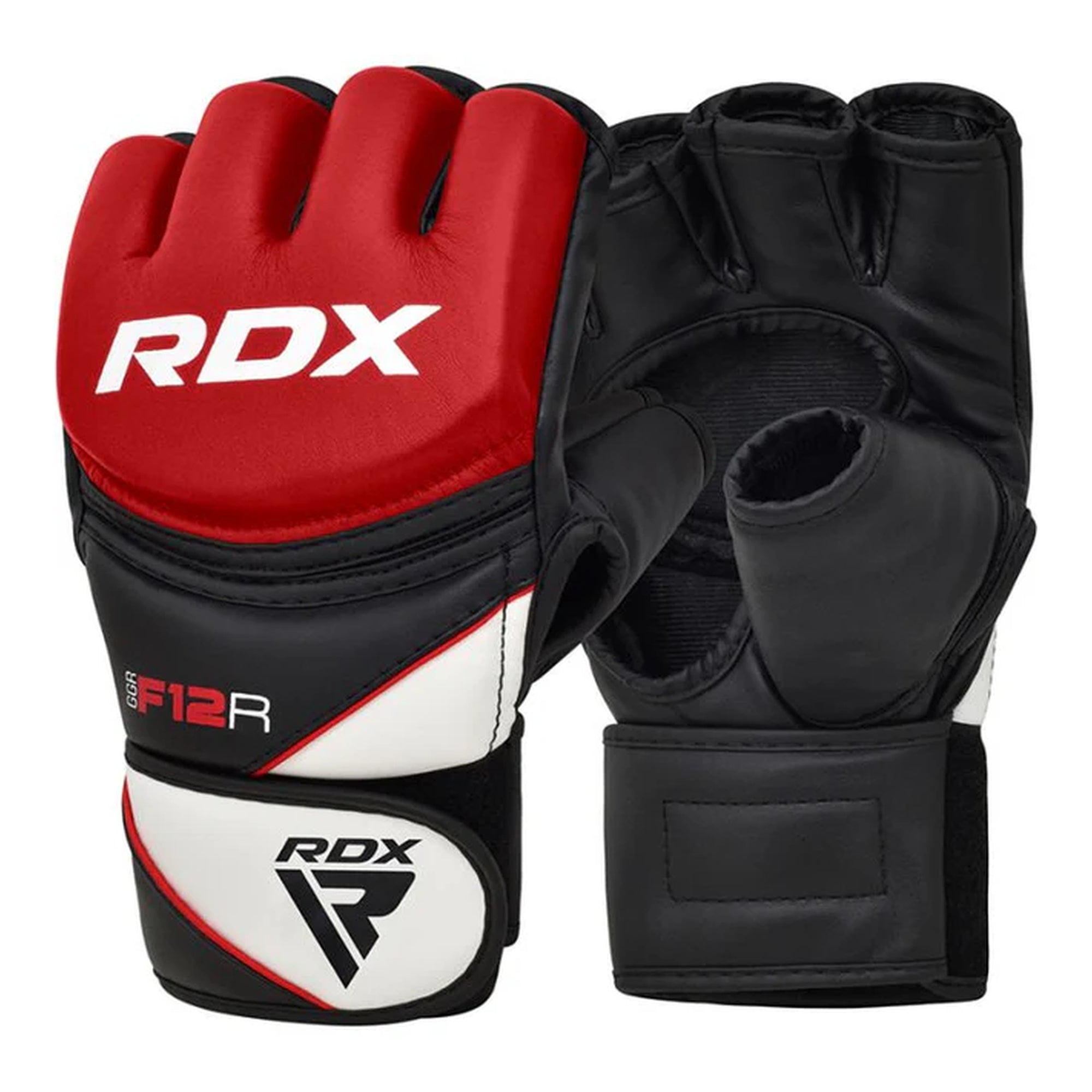 RDX F12R MMA Grappling Gloves – Red/Black | Maya Hide™ Leather | PC-3™ Shock-Diffusing Padding | Open Palm Design | Training & Sparring MMA Gloves for Striking & Grappling