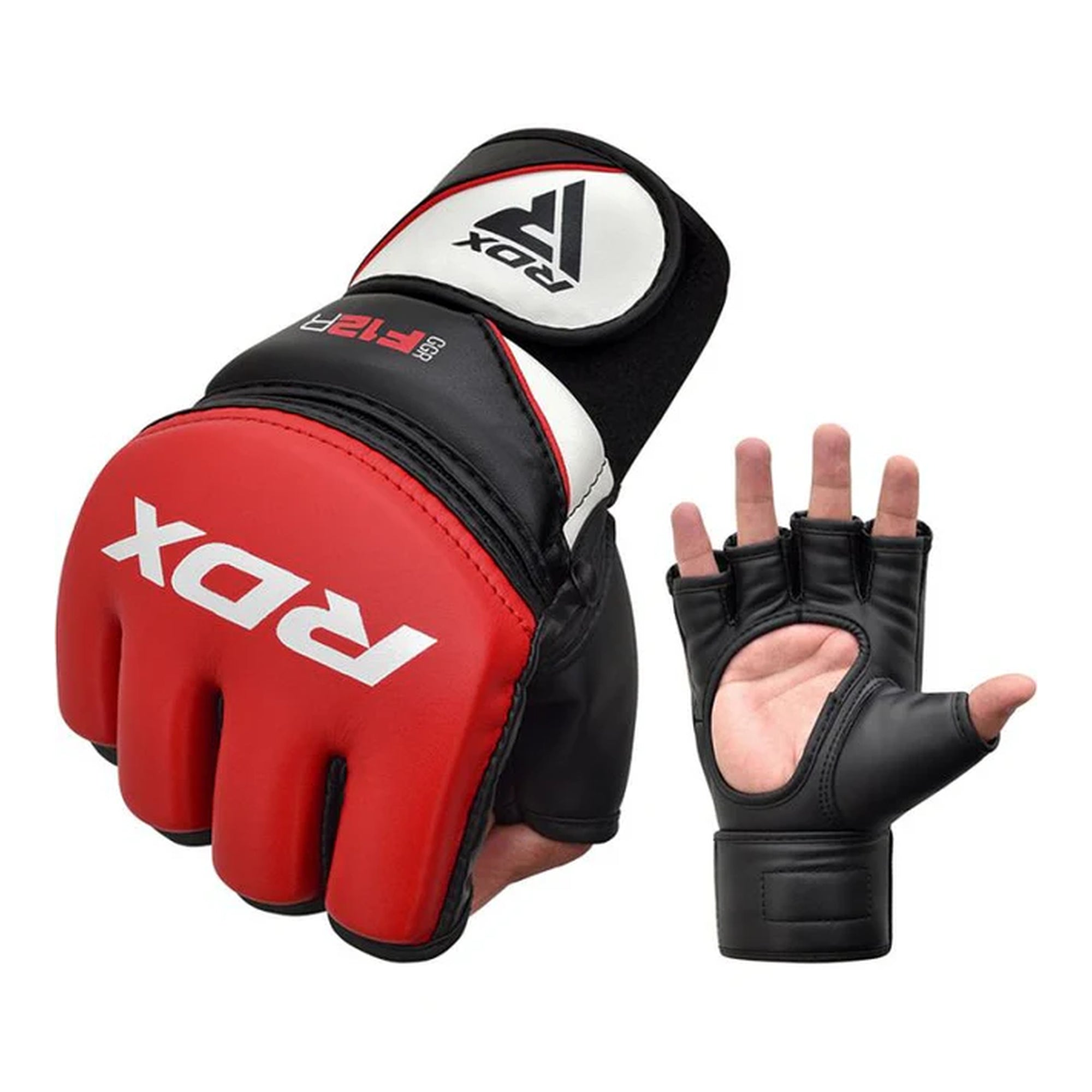 RDX F12R MMA Grappling Gloves – Red/Black | Maya Hide™ Leather | PC-3™ Shock-Diffusing Padding | Open Palm Design | Training & Sparring MMA Gloves for Striking & Grappling