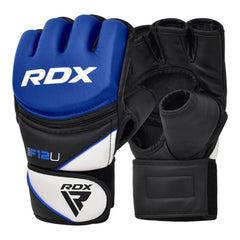 RDX F12U MMA Grappling Gloves – Blue/Black | Maya Hide™ Leather | PC-3™ Shock-Diffusing Padding | Open Palm Design | Training & Sparring MMA Gloves for Striking & Grappling
